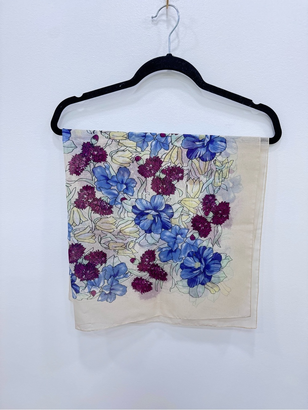 Vintage sheer floral square scarf accessories blue purple cream
